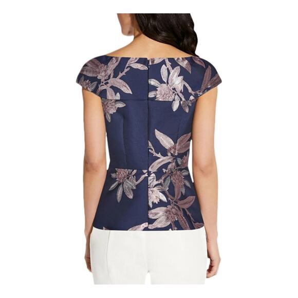 Adrianna Papell Navy Floral Jaquard Formal Party Peplum Top Mother of Bride, 10 - Picture 2 of 7
